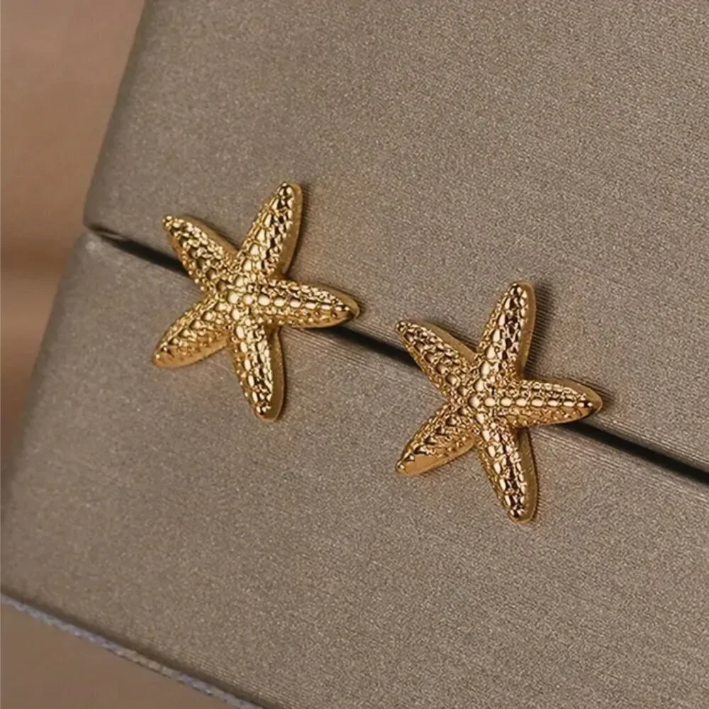 Starfish Gold Tone Stud Earrings, Vacation Style